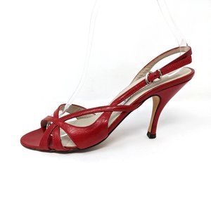 Barney's Red Leather Open Toe Strappy Slingback Heels Pumps